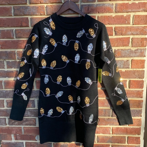 TIPSY ELVES SMALL WOMEN'S CHRISTMAS LIGHT STRAND SEQUIN SWEATER DRESS BLACK KNIT - Picture 3 of 8